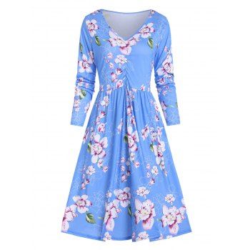 

Floral Print V Neck Knee Length Dress, Blue