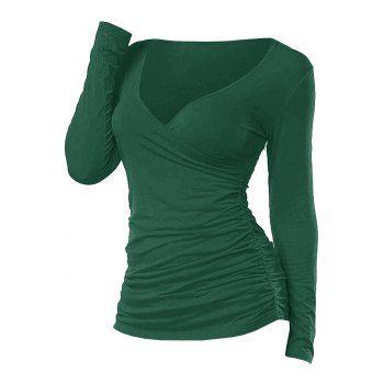 

Plunge Ruched Long Sleeve Surplice Plain T Shirt, Deep green