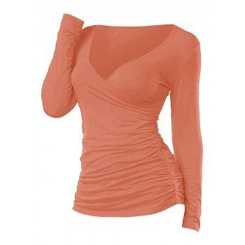 

Plunge Ruched Long Sleeve Surplice Plain T Shirt, Light orange