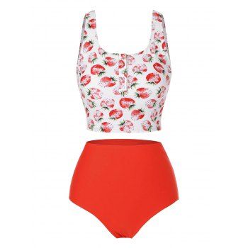 

Strawberry Print Snap Button Mix and Match Tankini Swimwear, Orange