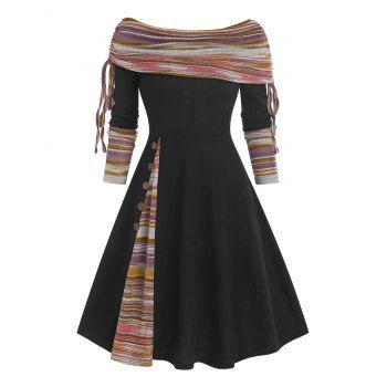 

Convertible Neck Cinched Striped Flare A Line Dress, Black