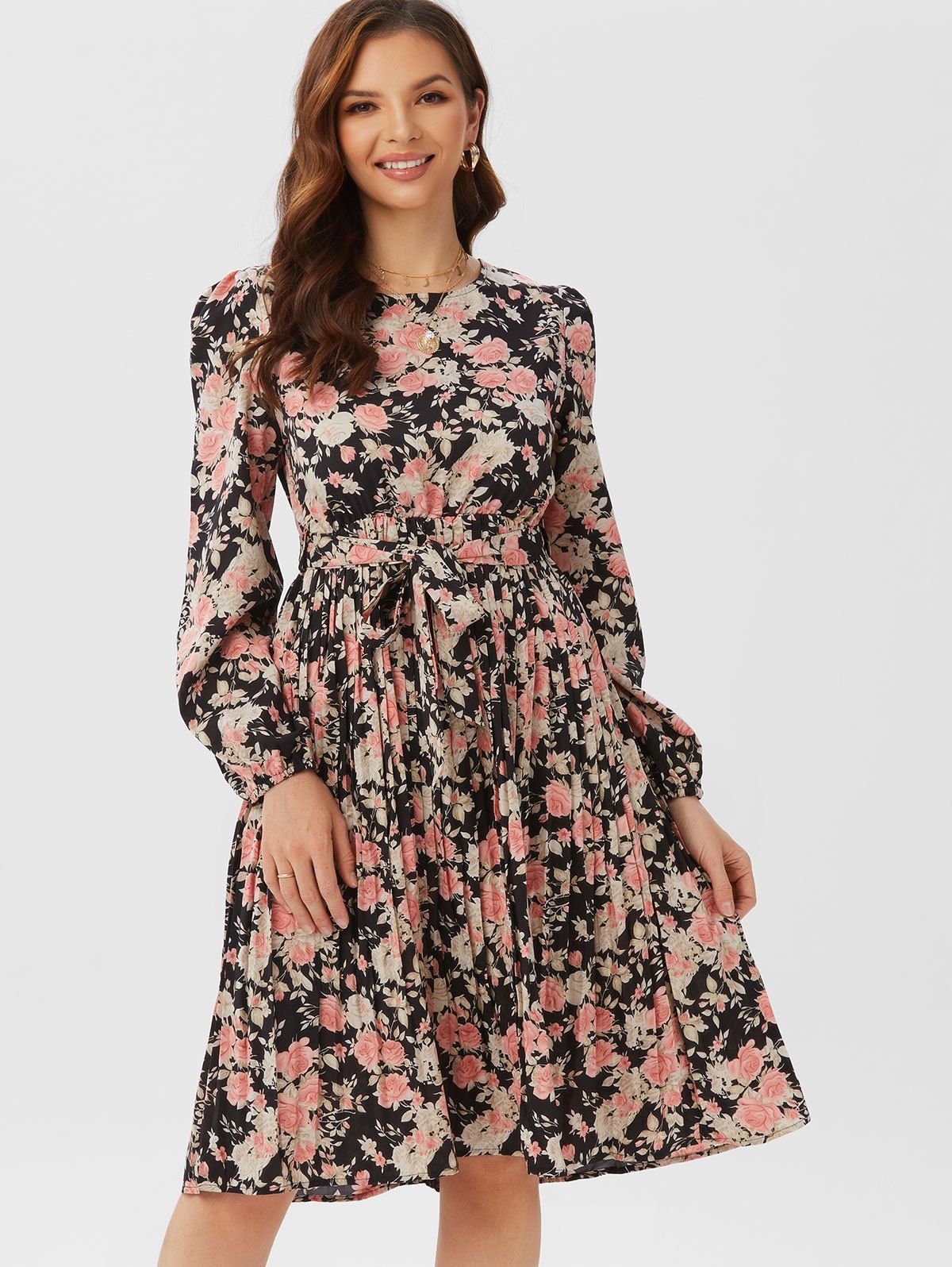 Bohemian Floral Print Knee Length Dress - BLACK XL