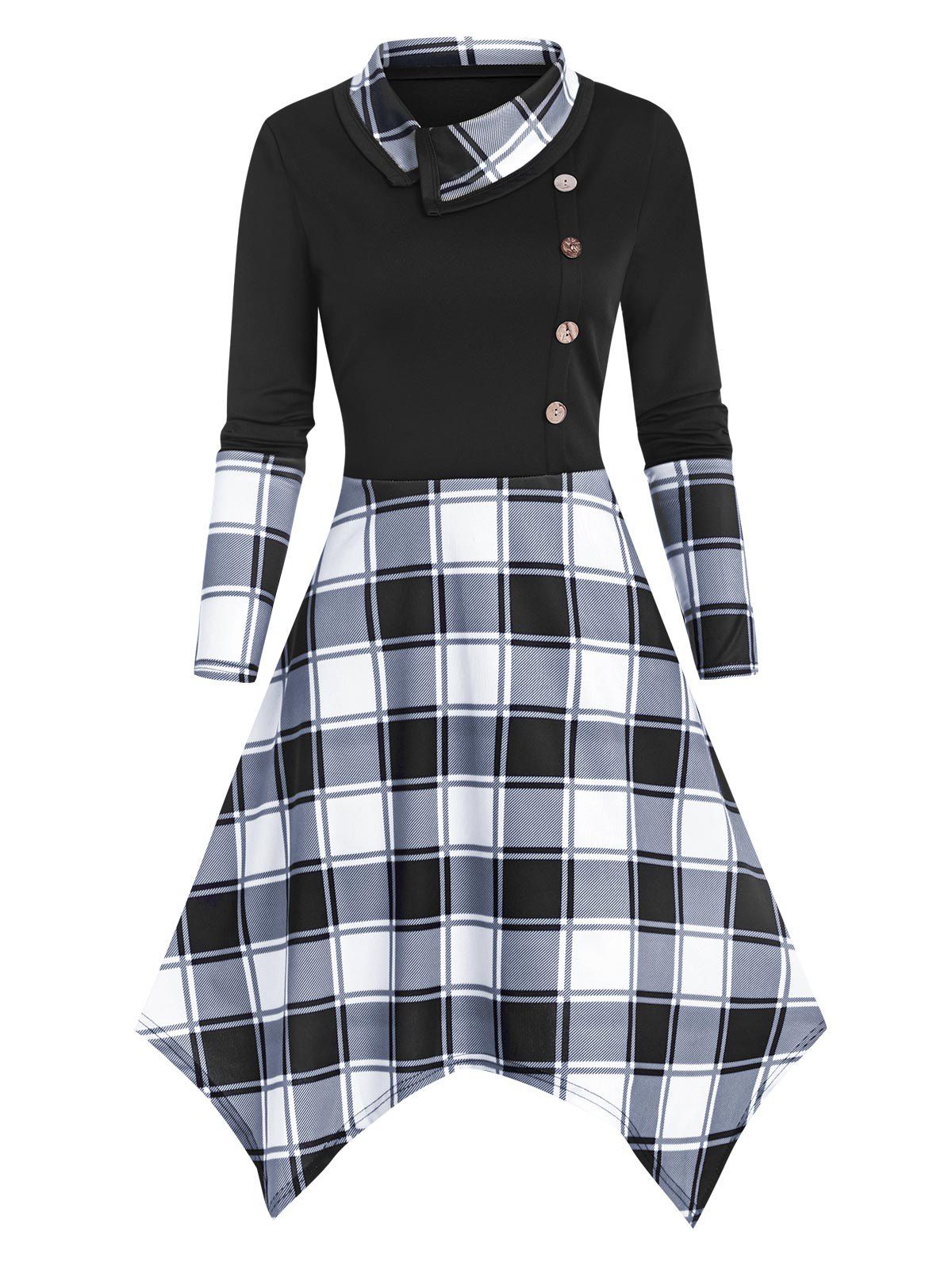 Contrast Plaid Mock Button Long Sleeve Asymmetric Handkerchief Dress - BLACK XL