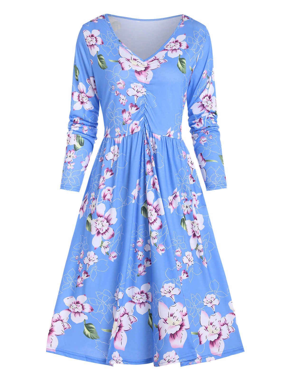 Floral Print V Neck Knee Length Dress - BLUE L