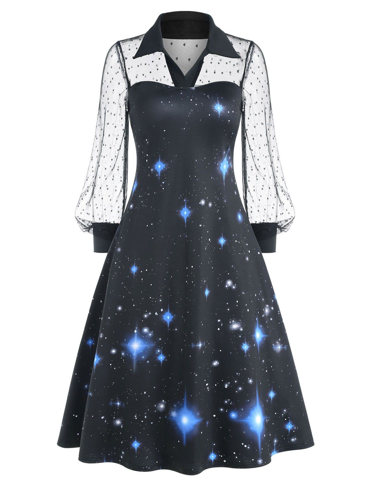 Vintage Galaxy Print Sheer Lace Lantern Sleeve Retro A Line Dress - BLACK XL
