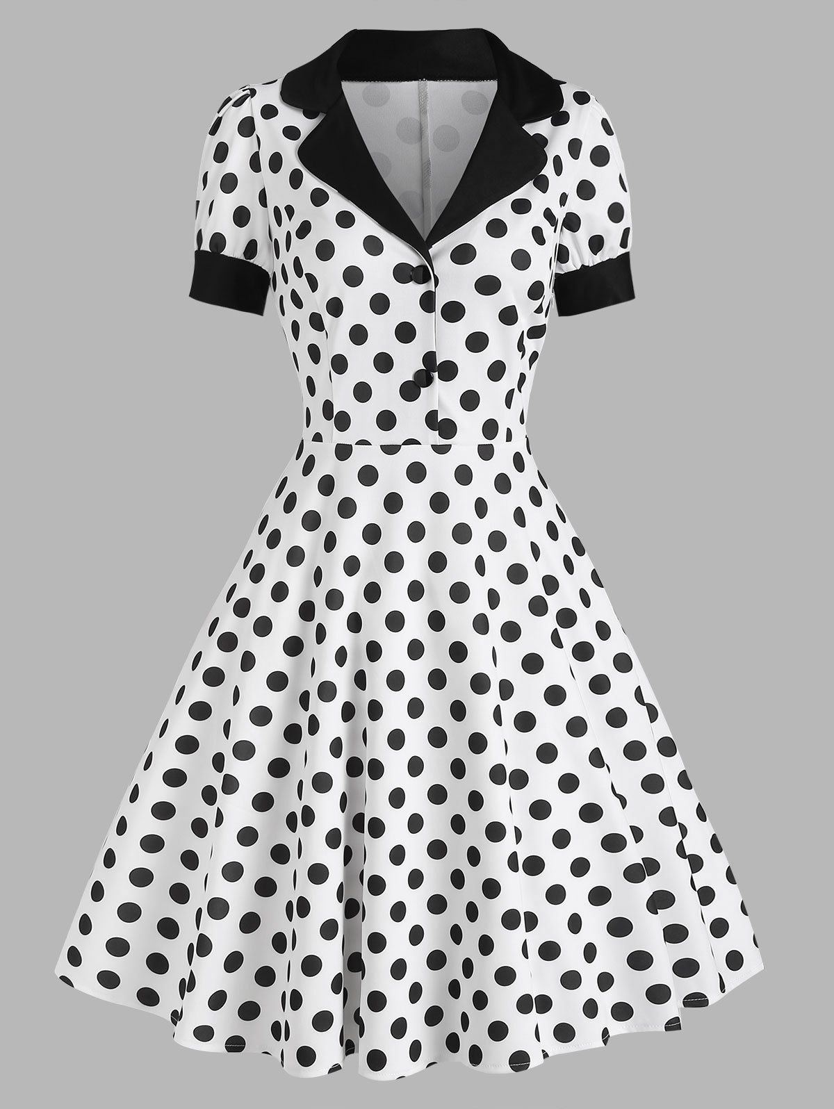 Vintage Polka Dot Mock Button Lapel A Line Dress - BLACK XL