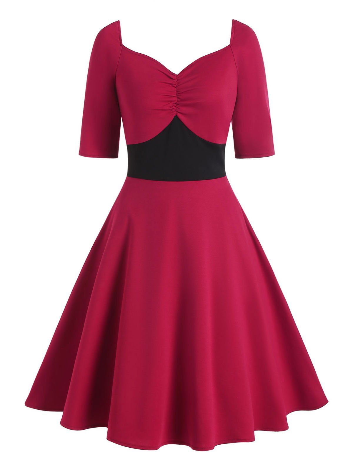 Ruched Colorblock Empire Waist Dress - RED L