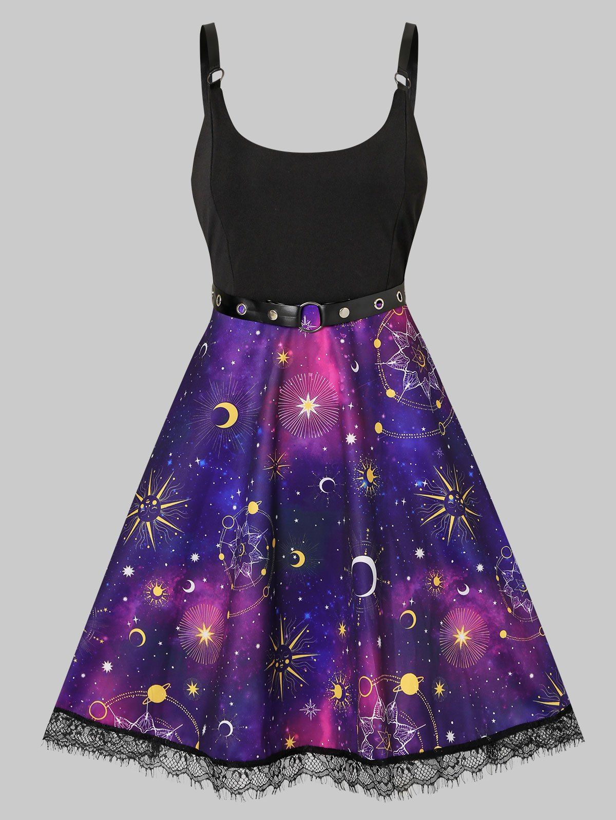 Sun Moon Star Print Lace Insert Grommet Belt Dress - PURPLE L