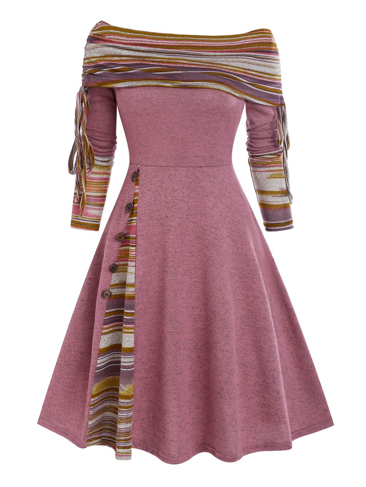 Convertible Neck Cinched Striped Flare Dress - LIGHT PINK XL