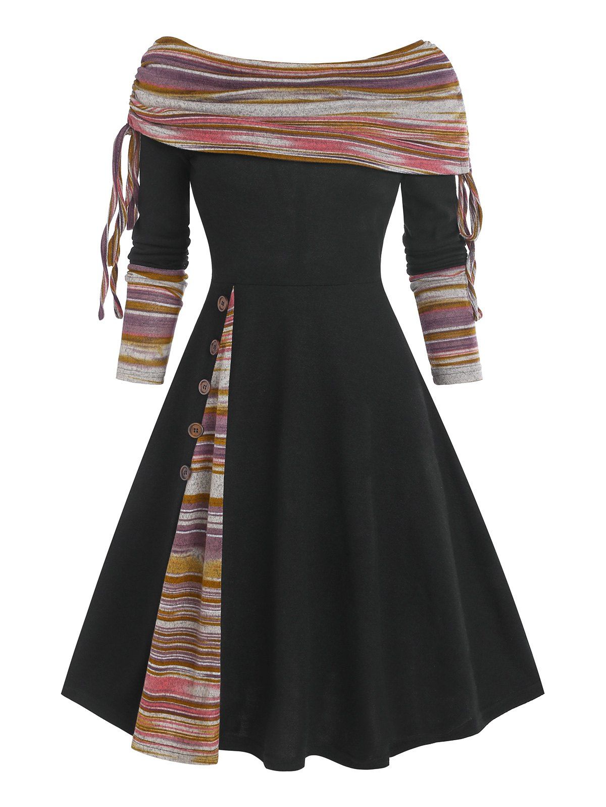 Convertible Neck Cinched Striped Flare Dress - BLACK XXL