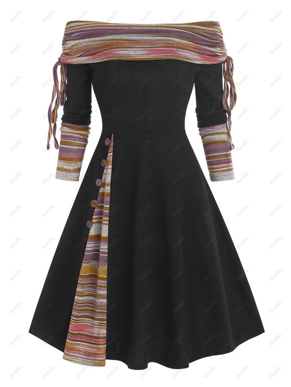 Robe Evasée Rayée Plissée à Col Convertible en Ligne A - Noir XL