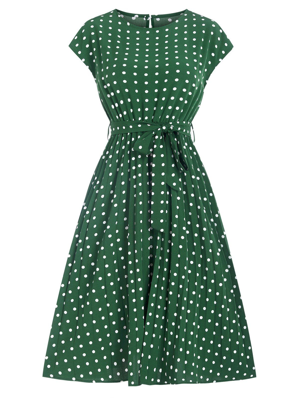 Polka Dot Cap Sleeve Pleated Belted Dress - DEEP GREEN XL