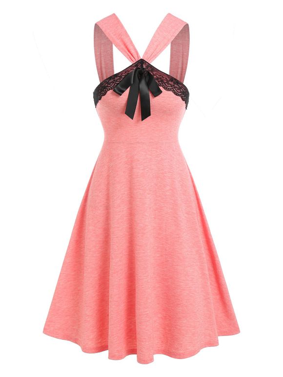 Bowknot Eyelash Lace Knee Length Dress - LIGHT PINK L