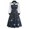 Vintage Galaxy Print Sheer Lace Lantern Sleeve Retro A Line Dress