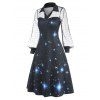 Vintage Galaxy Print Sheer Lace Lantern Sleeve Retro A Line Dress - BLACK L