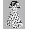 Vintage Polka Dot Mock Button Lapel A Line Dress - BLACK L