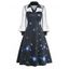 Vintage Galaxy Print Sheer Lace Lantern Sleeve Retro A Line Dress - BLACK S