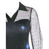 Vintage Galaxy Print Sheer Lace Lantern Sleeve Retro A Line Dress - BLACK S