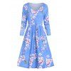 Floral Print V Neck Knee Length Dress - BLUE L