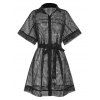 See Thru Lace Shirt Dress Batwing Sleeve Mini Dress Belted Button Up Dress - BLACK XL