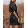 See Thru Lace Shirt Dress Batwing Sleeve Mini Dress Belted Button Up Dress - BLACK S