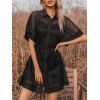 See Thru Lace Shirt Dress Batwing Sleeve Mini Dress Belted Button Up Dress - BLACK S