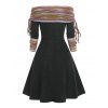 Convertible Neck Cinched Striped Flare Dress - BLACK S