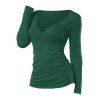 Plunging Ruched Long Sleeve T Shirt - DEEP GREEN XL