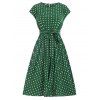Polka Dot Cap Sleeve Pleated Belted Dress - DEEP GREEN XL