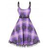 Plaid Lace Insert Grommet Belt Dress - PURPLE XL