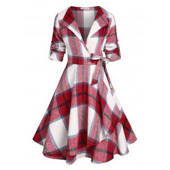 

Plaid Print Wool Blend Wrap Dress, Red