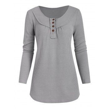 

Knitted Button Placket Top, Gray