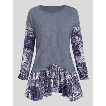 

Paisley Floral Print Ruffle Knitted Drop Shoulder Top, Blue