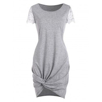 

Floral Crochet Twisted Tee Dress, Light gray
