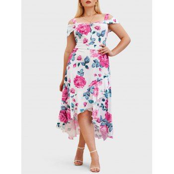 

Plus Size Cold Shoulder Flower Print Overlap High Low Dress, White