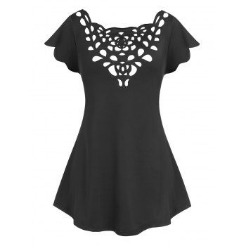 

Plus Size Cap Sleeve Laser Cut Tee, Black