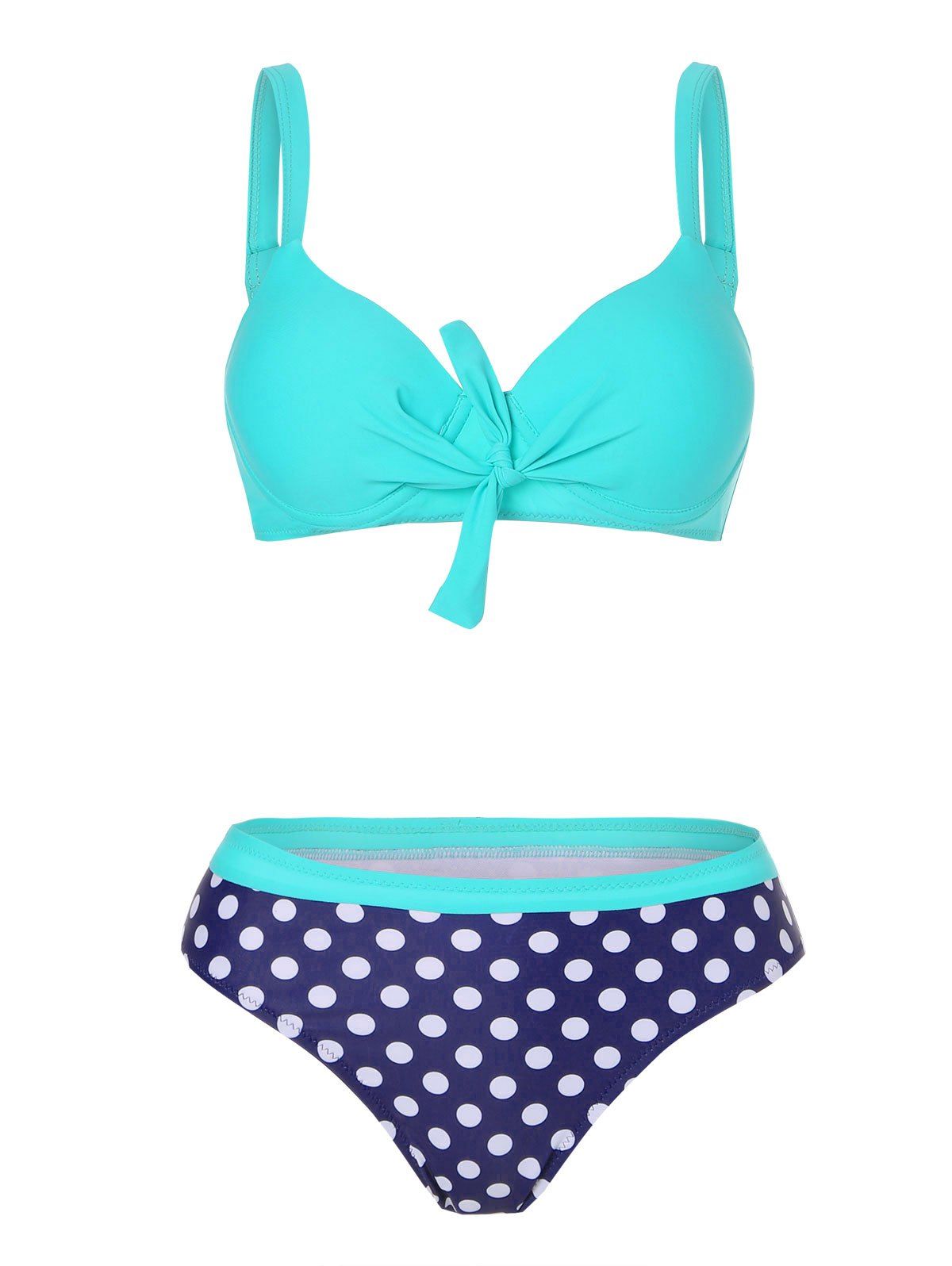 Polka Dot Vacation Swimsuit Knotted Push Up Bikini Swimwear - LIGHT BLUE XL