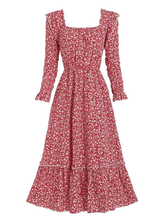 Ditsy Print Ruffle Poet Sleeve Flounce Hem Dress - RED M