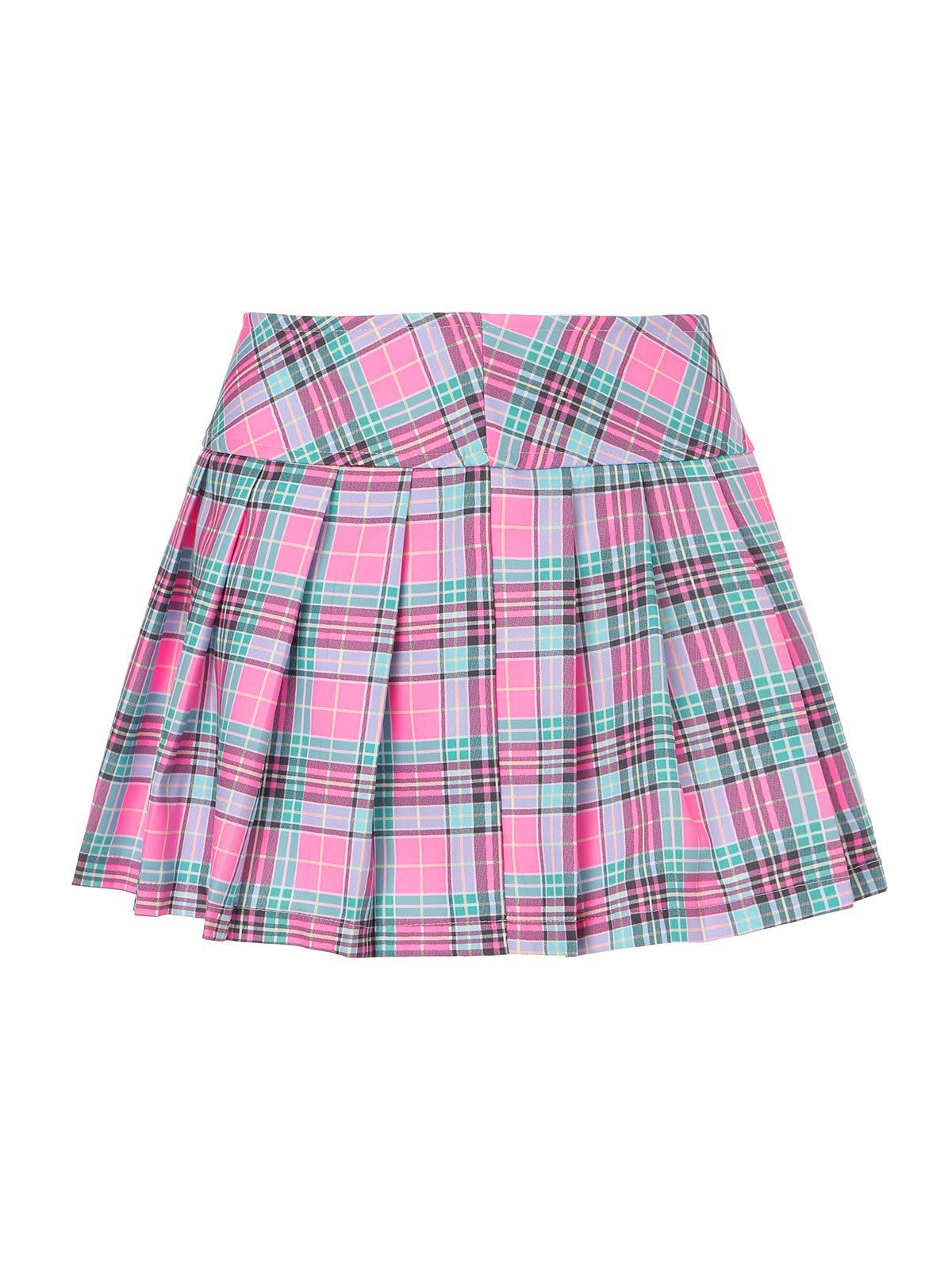 Plaid Wide Waistband Pleated Skirt - LIGHT PINK S