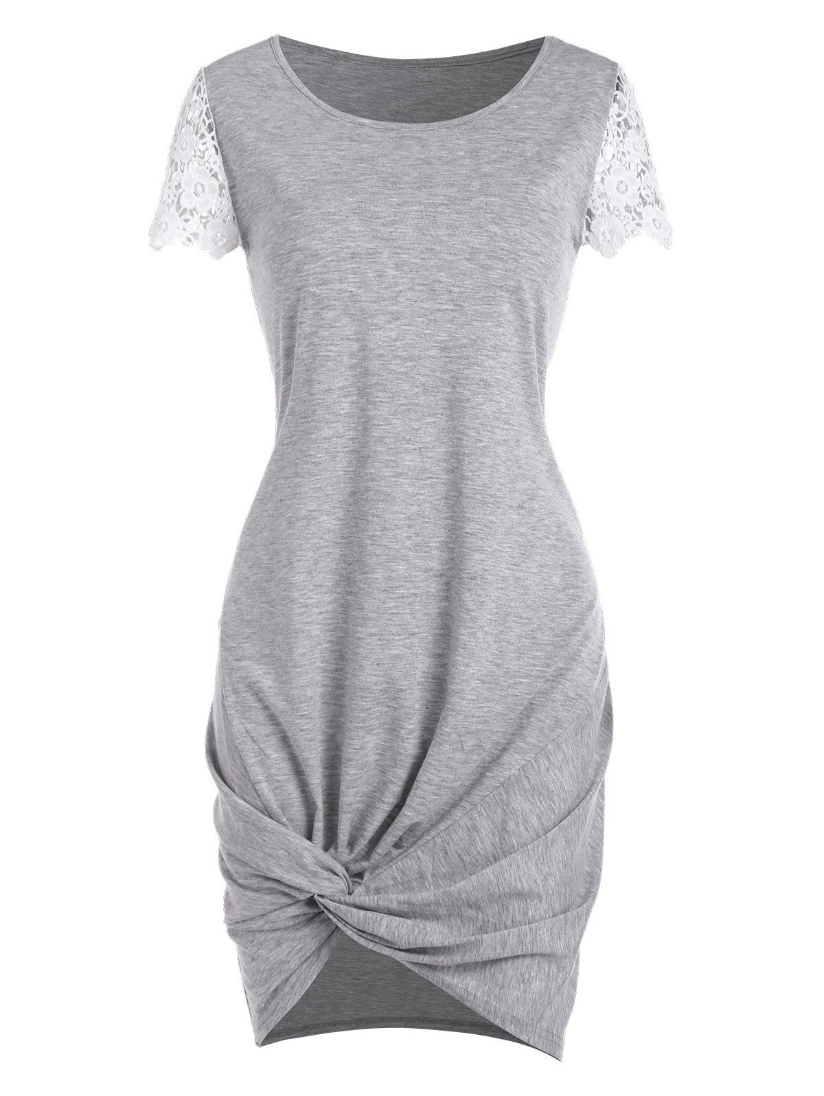 Floral Crochet Twisted Tee Dress - LIGHT GRAY S