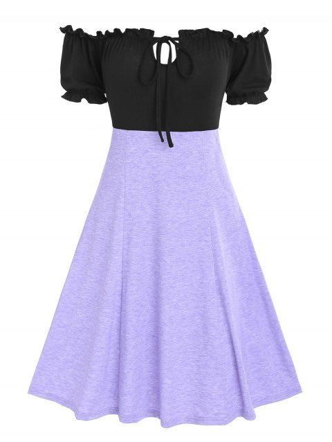 Contrast Bicolor Colorblock Off Shoulder Puff Sleeve Frilled A Line Dress