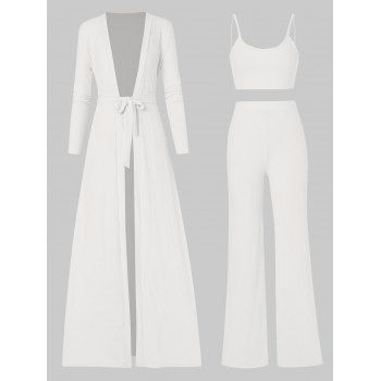 Women Activewear Ribbed Belted Cardigan Camisole and Loose Pants Set Clothing Online M White