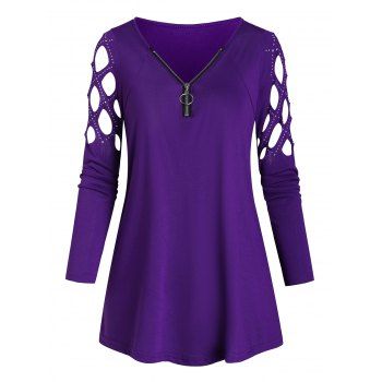 

Zipper Placket Rhinestone Caged Shoulder T Shirt, Light purple