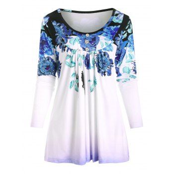 

Button Front Ruched Floral Tee, Multicolor