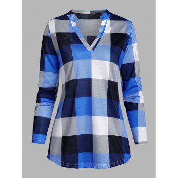 

Plaid Long Sleeve Notched Collar Top, Blue