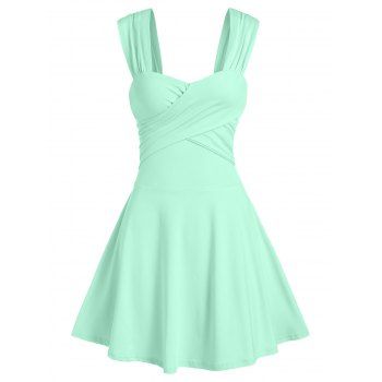 

Summer Solid Sleeveless Crossover Flare Mini Dress, Light green