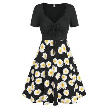 

Printed Floral Corset Style Drawstring High Waist A Line Dress, Light yellow
