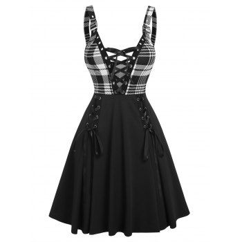 

Summer Sleeveless Lace-up Plaid Print Buckle Strap Dress, White