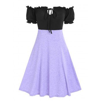 

Contrast Bicolor Colorblock Off Shoulder Puff Sleeve Frilled A Line Dress, Light purple