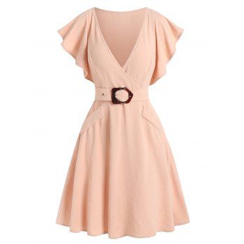 

Butterfly Sleeve Buckle Self Tied Surplice Dress, Light coffee